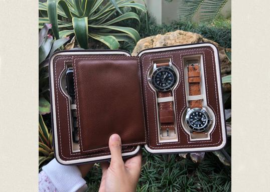 Travel Watch Case Brown up to 4 Watches Gunny Straps for